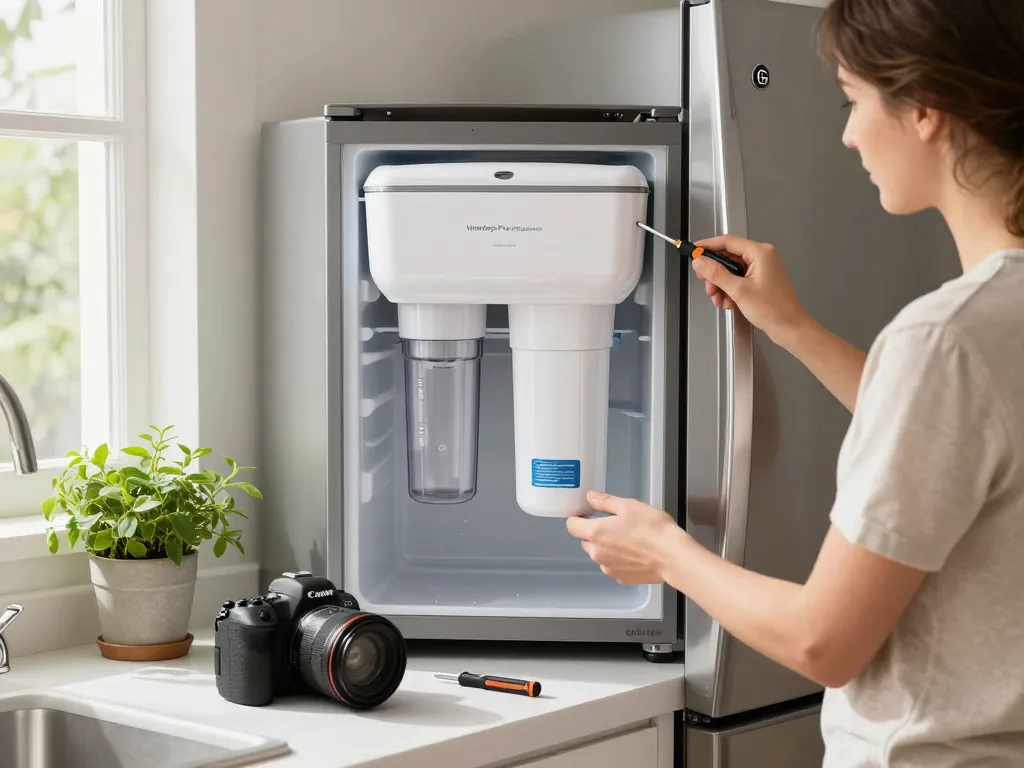 Installing the Waterdrop Plus WDP-F19C Replacement for GE® RPWFE® in a modern kitchen highlights water filtration ease and efficiency.