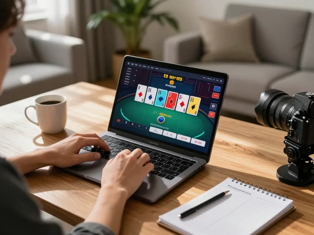 hb88 player engaging in online poker at home, showcasing strategy notes and game interface.