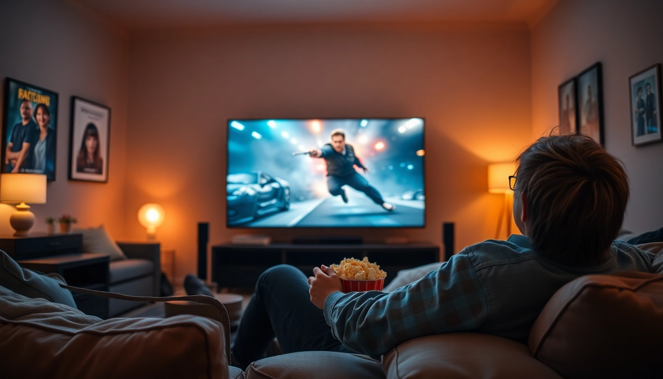 เว็บดูหนังออนไลน์ฟรี 24 ชั่วโมง คนนั่งดูหนังในบ้านโดยมีจอทีวีขนาดใหญ่ในบรรยากาศที่อบอุ่น