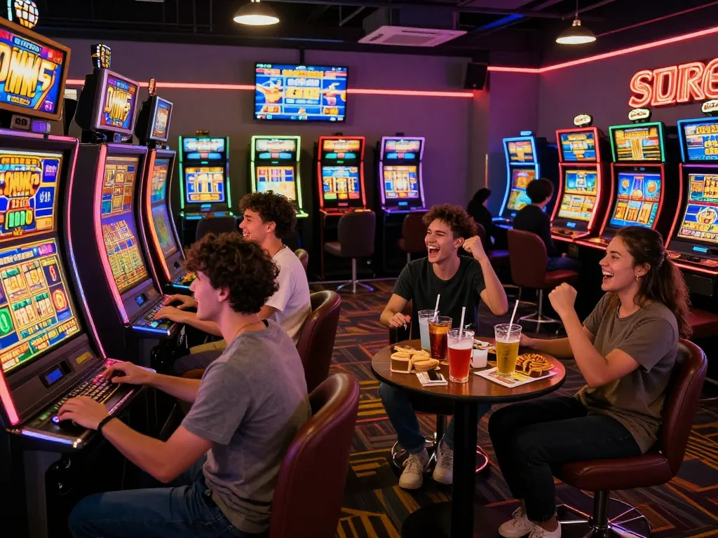 Pemain yang bersemangat menikmati permainan slot laoban188 di lounge permainan yang hidup.