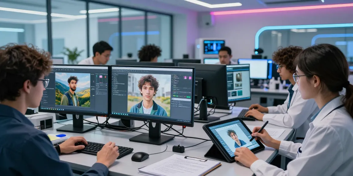 Team investigating AI-Generated Image Detection with advanced technology in a bright lab.
