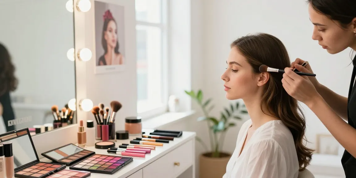 Model being beautifully made up with an angled makeup brush in a bright beauty studio.