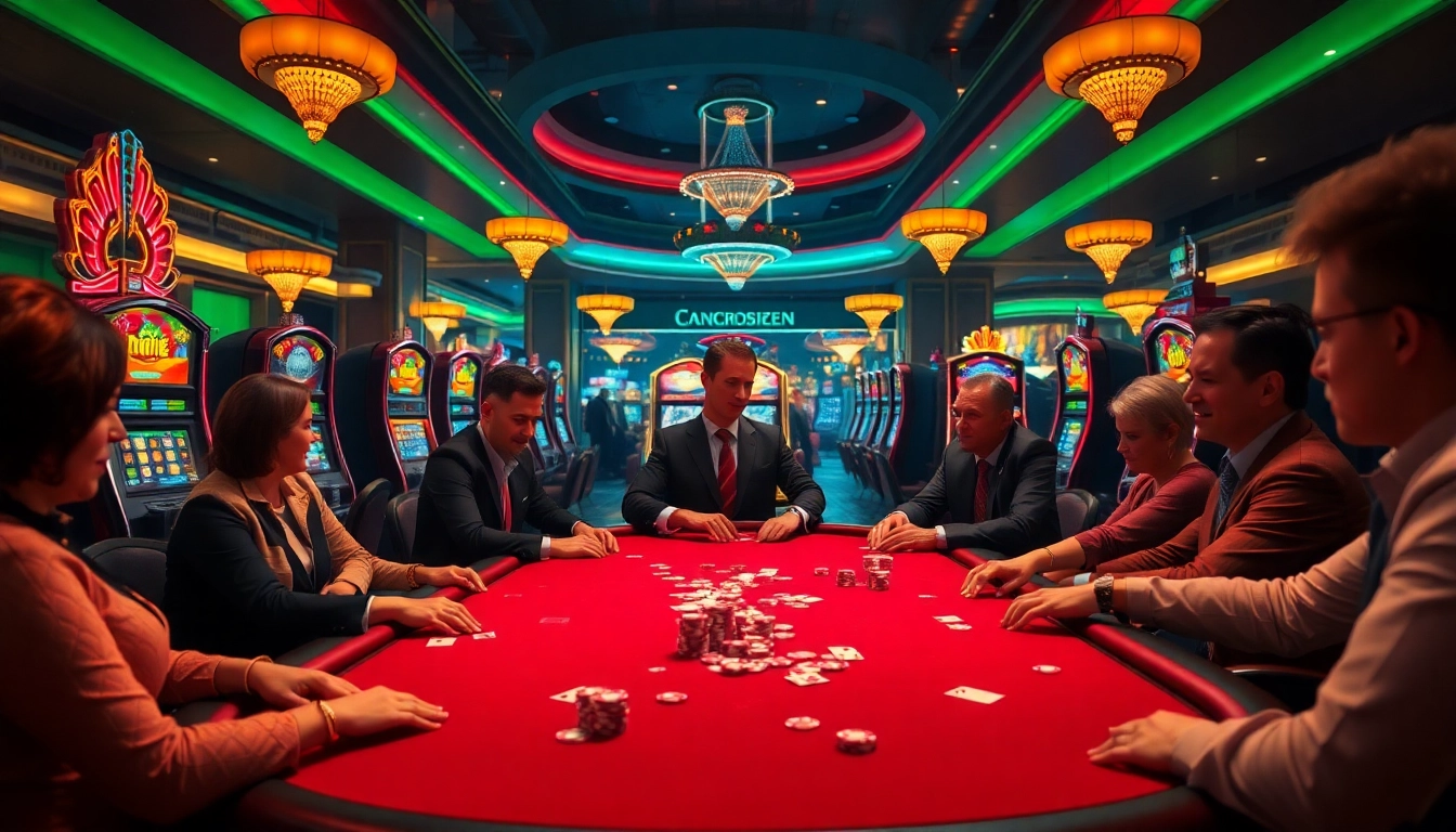 Scène de jeu captivante mettant en avant une atmosphère vibrante de casino en ligne en France avec des joueurs de poker et des jeux excitants.