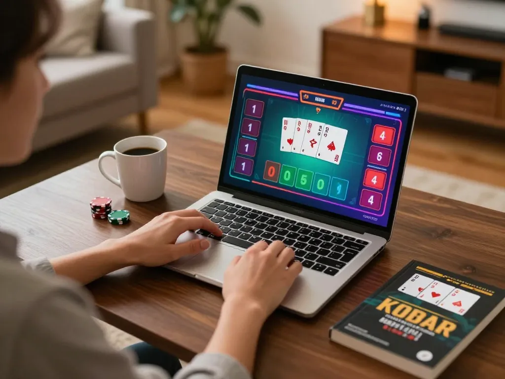 Bong88 player enjoying an engaging poker session on a laptop at home with strategic notes around.