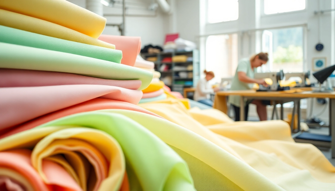 Poplin stof in diverse kleuren en patronen met naaister aan het werk.