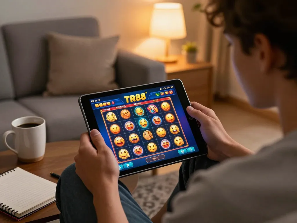 Experience the thrill of TR88 win gaming with a tablet-focused online slot session in a cozy home.