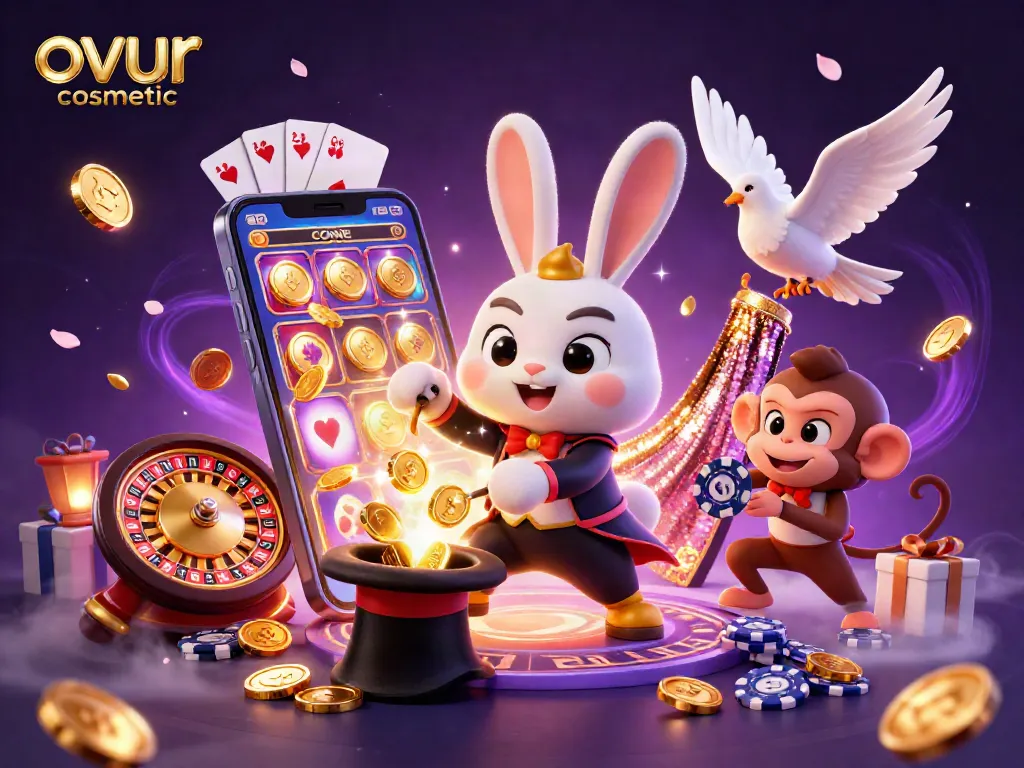 Engage with ovur cosmetic-themed 3D casino illustration featuring a magician rabbit and gaming elements.