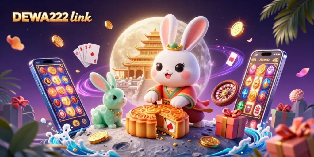 Experience the thrill of gambling with the DEWA222 link, featuring moon rabbits amidst poker chips and vibrant gaming elements.