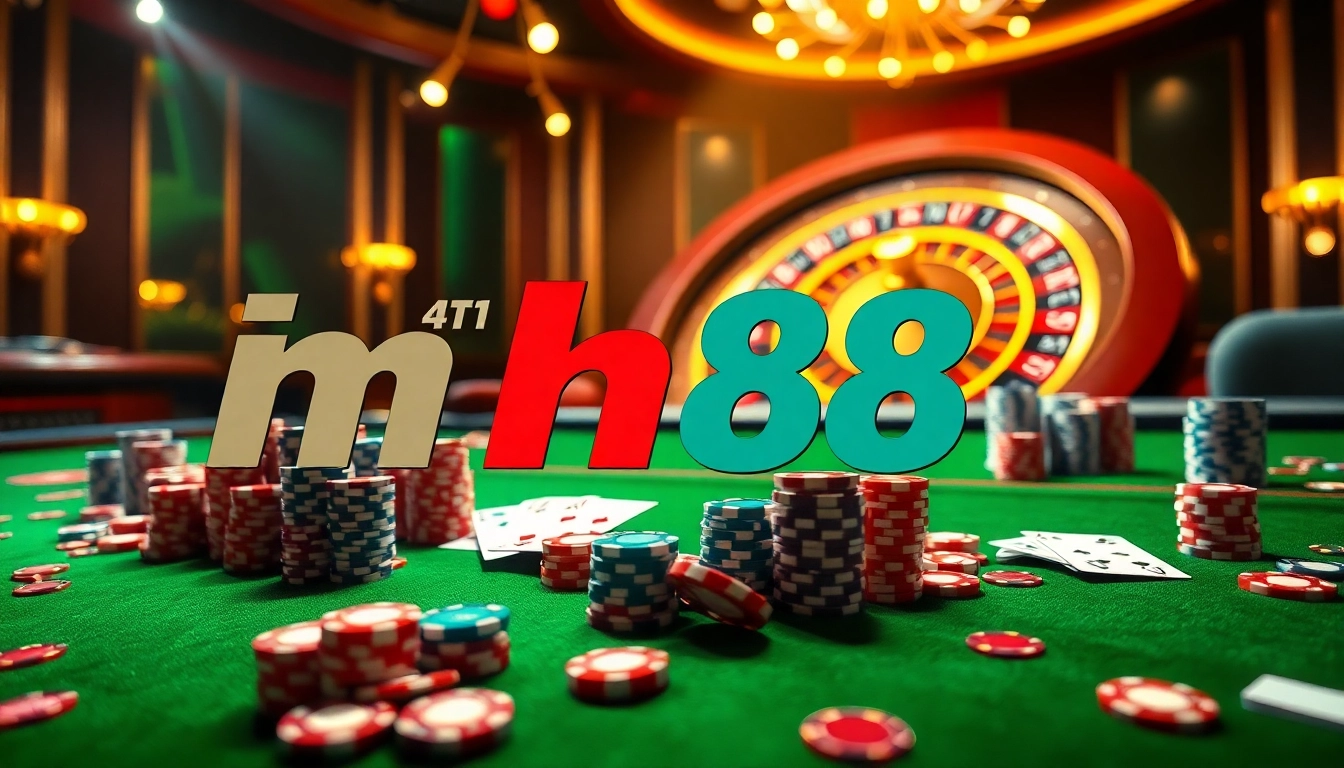 Exciting casino scene showcasing nhà cái nh88 with poker chips and a roulette wheel.