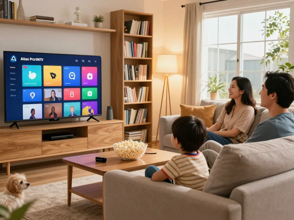 Famille profitant d'Atlas Pro ONTV dans un salon confortable, regardant divers chaînes.