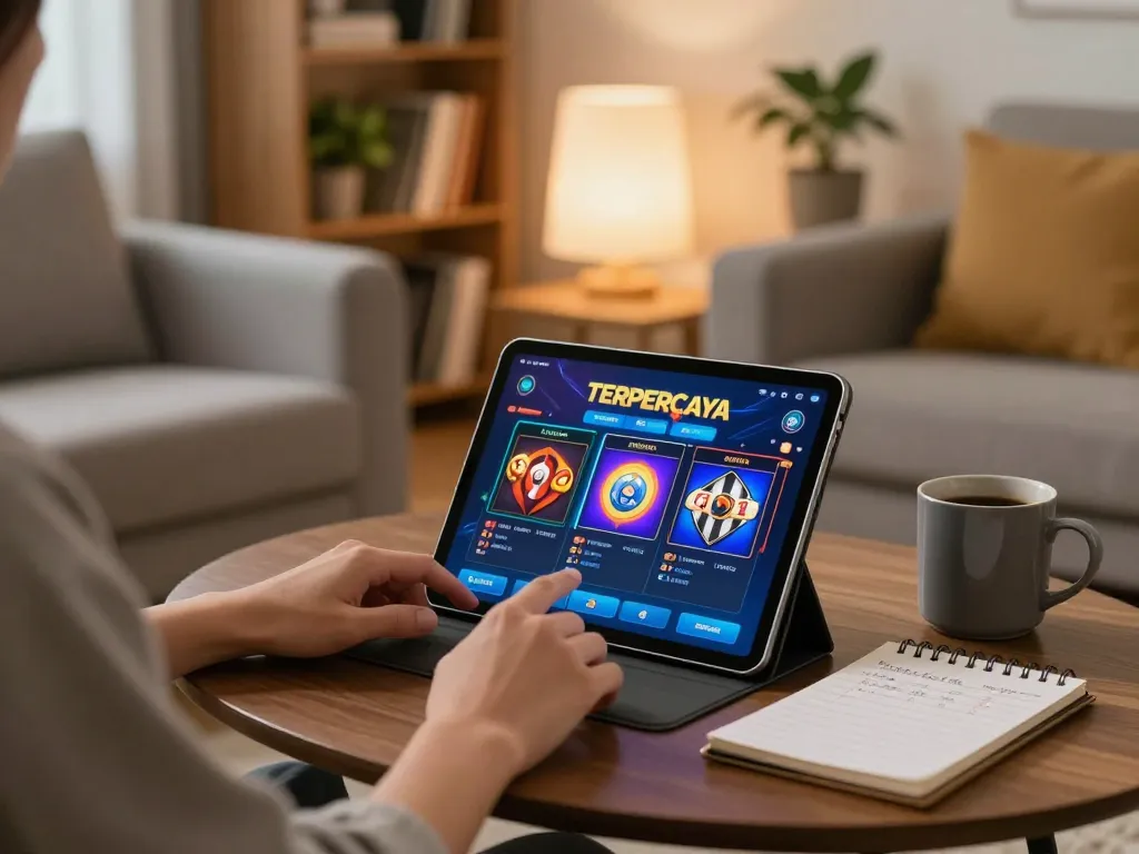 Engaging in situs toto online gaming with a tablet in a cozy living room, showcasing responsible betting.
