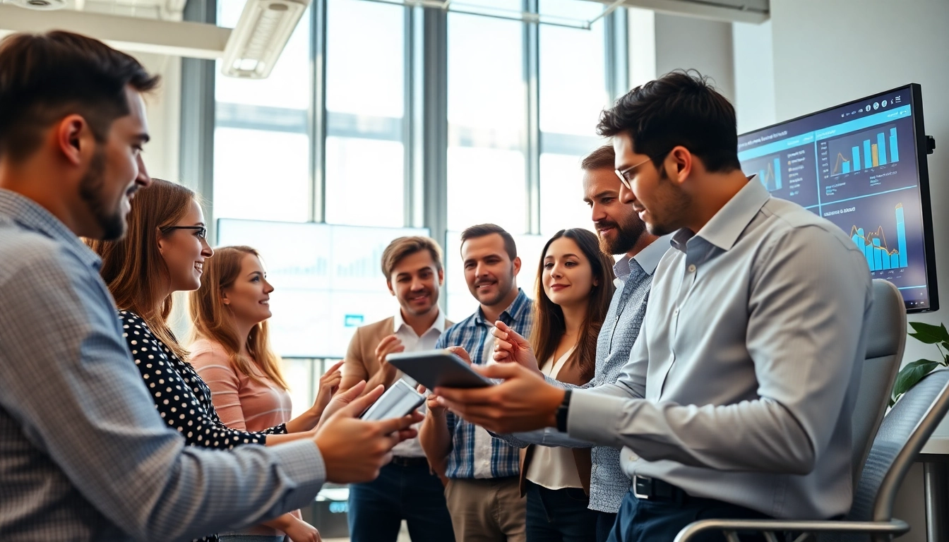 Digital marketing team strategizing for agencia hubspot in a modern office environment.