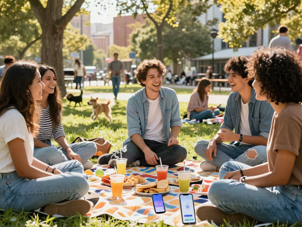 Friends enjoying a sunny day at the park while using an age estimation app to see how old do I look.