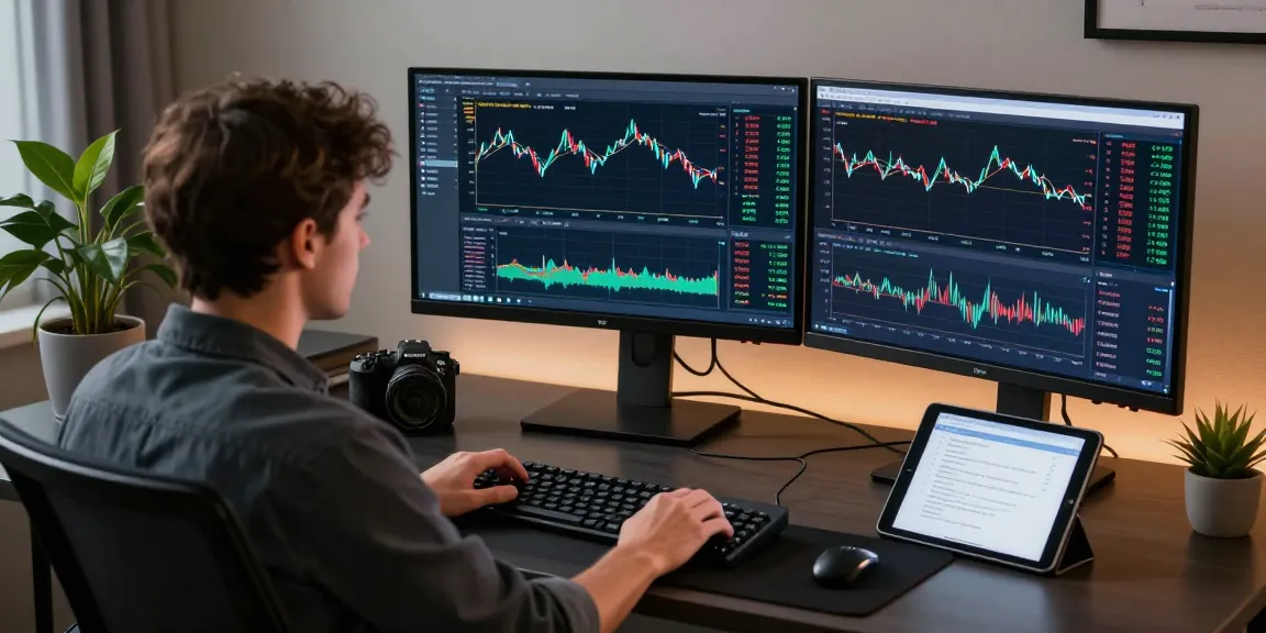 Trader using MetaTrader 5 in a modern workspace, analyzing multi-asset trading data on multiple screens.