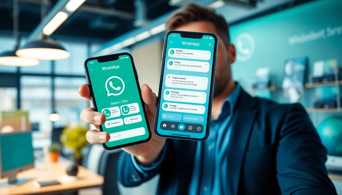 Engaging professional showcasing WhatsApp Smart CRM on a smartphone in a modern office.