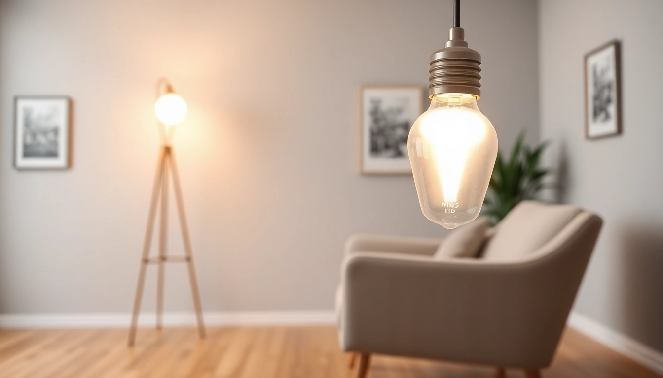 Brightly lit living area showcasing an a19 led bulb illuminating a stylish lamp.