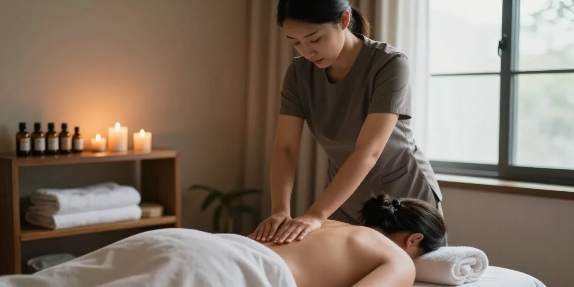 Massage therapist performing a relaxing 마사지 treatment in a tranquil spa setting.