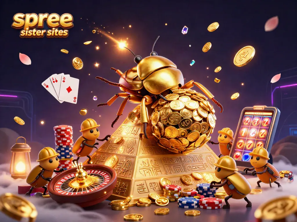 Engaging illustration showcasing spree casino sister sites with golden beetles among casino elements.