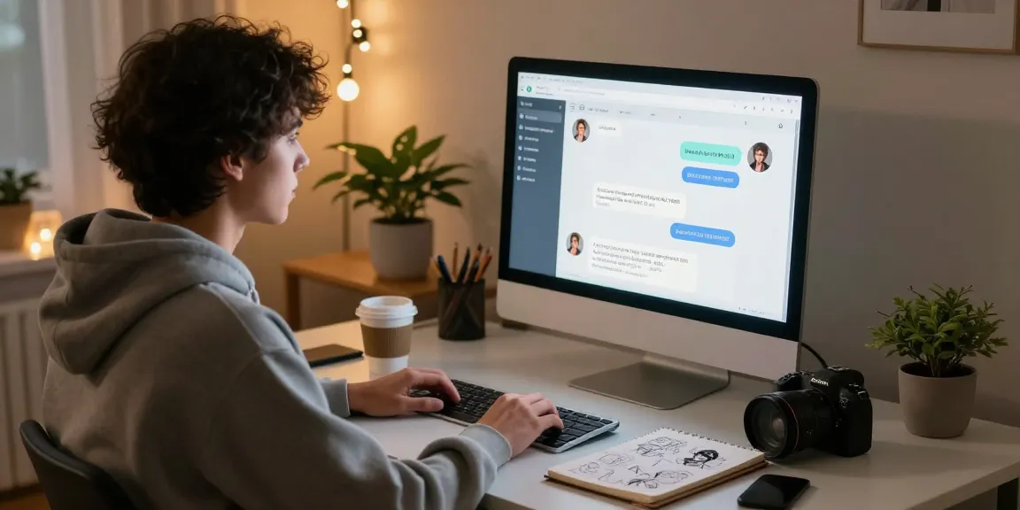 Interactive NSFW AI chat scene in a cozy home office, showcasing emotional engagement.