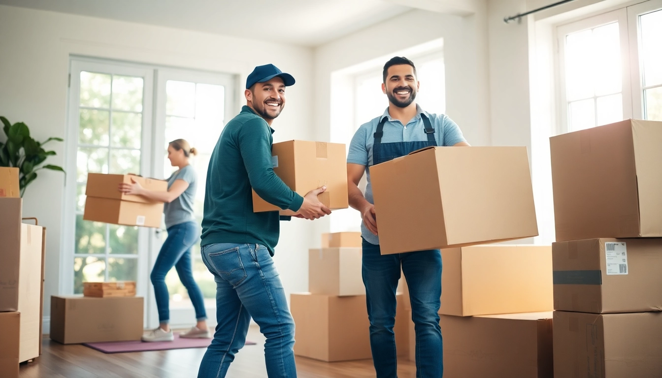 Loading and unloading moving services with professional movers assisting in a bright home environment.