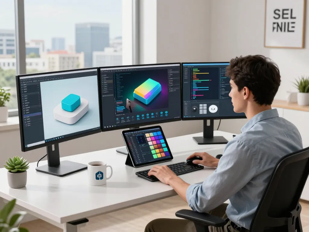 3D product configurator software development workspace with vibrant monitors and tech elements