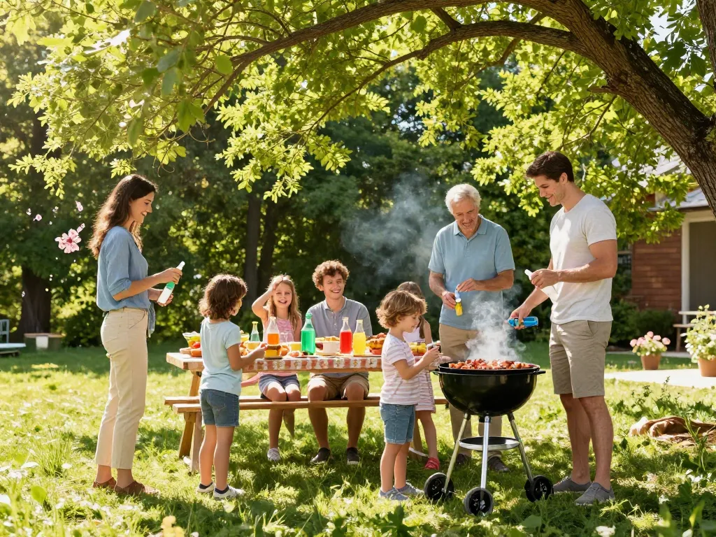 Family applying mosquito repellent while enjoying a backyard barbecue, ensuring outdoor comfort.
