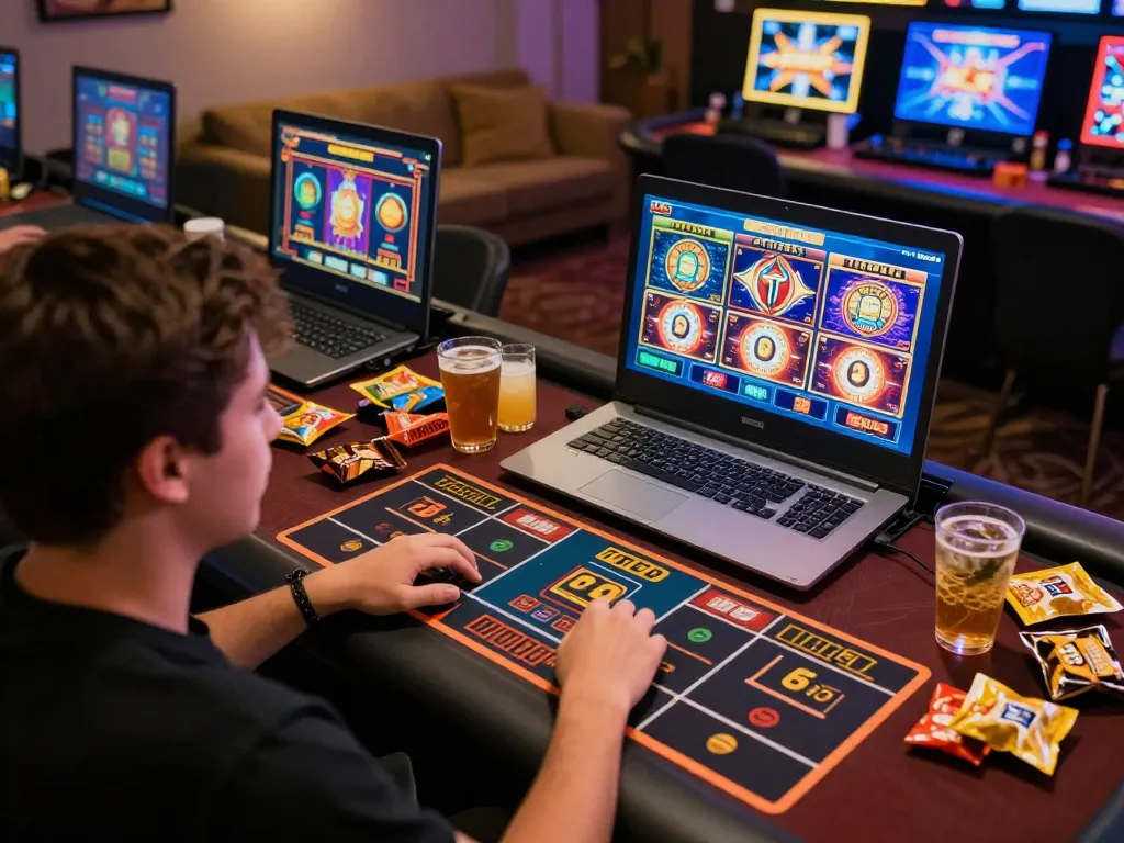 Engaging player focused on slot gacor gampang menang games on laptop, showcasing immersive online gaming atmosphere.