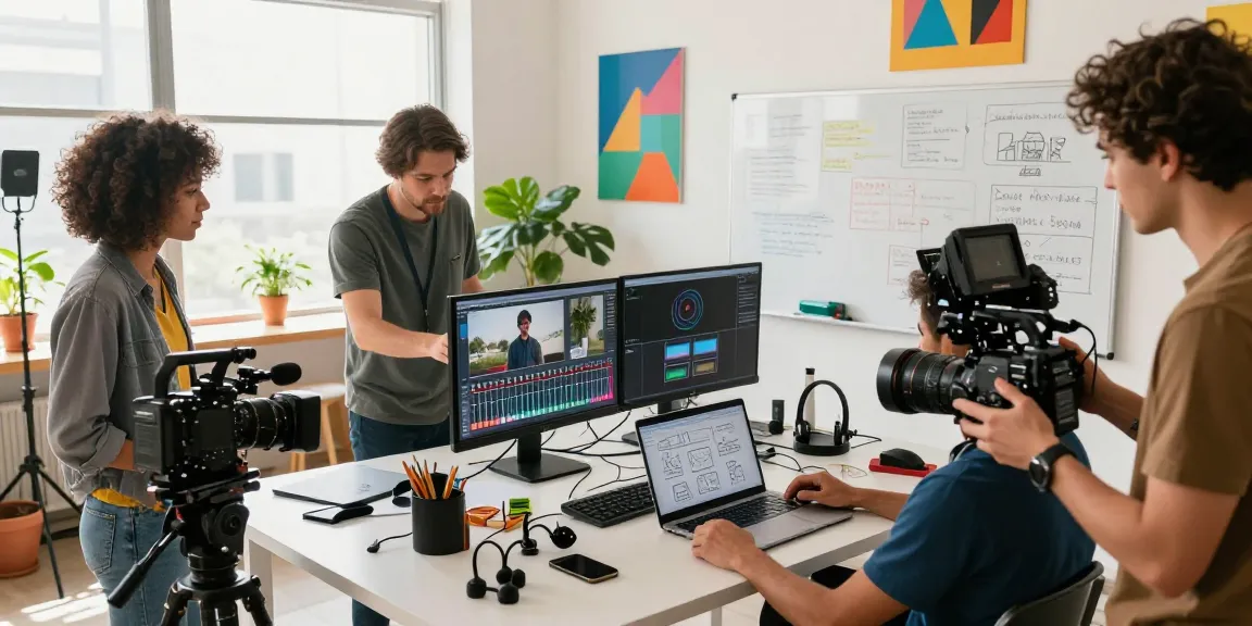 Dreambox Studio Singapore team collaborating on a creative media project in a vibrant studio.
