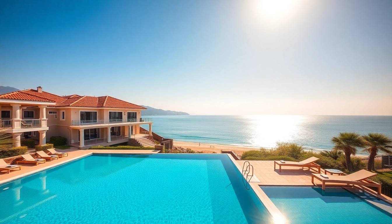 Showcase of alanya properties turkey featuring a luxurious villa with a pool overlooking the Mediterranean.