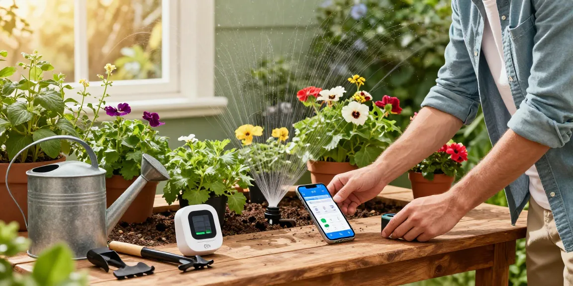 Homeowner using a rainpoint sprinkler timer in a lush garden, showcasing vibrant plants and efficient irrigation management.