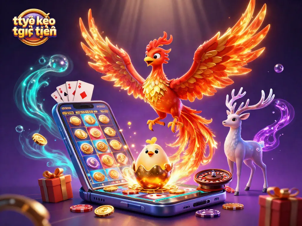 Engage with tỷ lệ kèo trực tuyến in a vibrant 3D casino world featuring phoenixes and gambling elements.