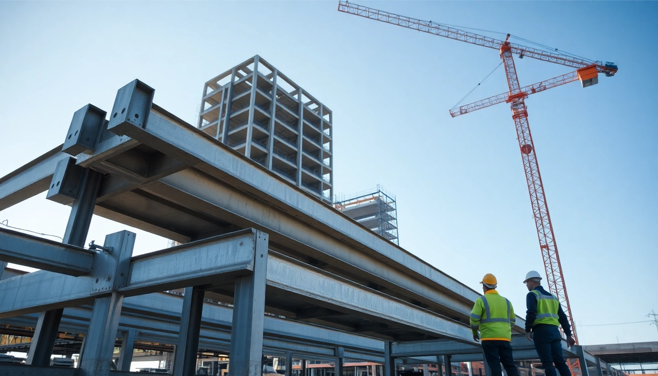 Workers collaborating on structural steel construction with large beams at a construction site.