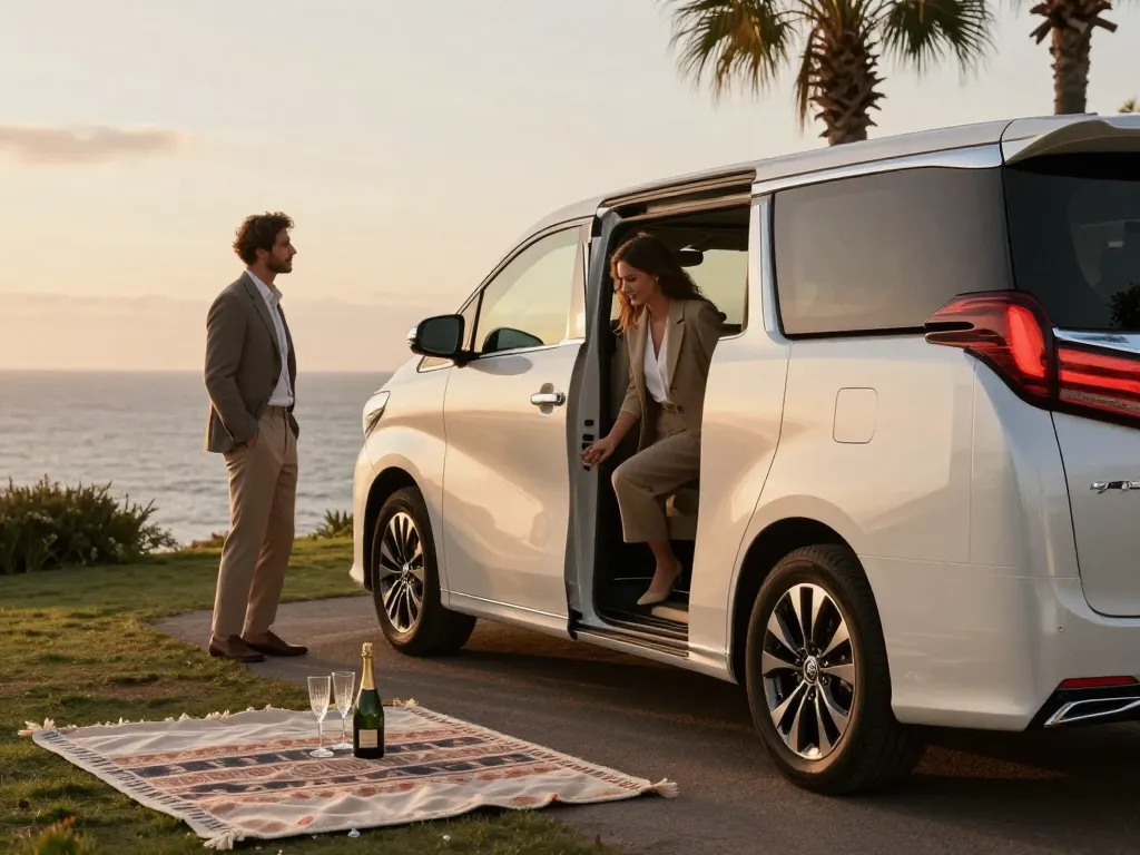 Trải nghiệm cho thuê xe Toyota Alphard trong khung cảnh ven biển sang trọng với một cặp đôi thưởng thức picnic lúc hoàng hôn.