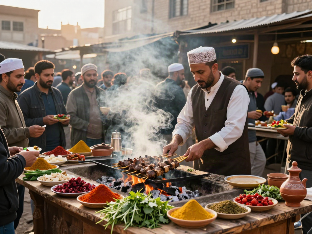 تجربة قھوجي في سوق تقليدي مع طهي الكباب والأعشاب الطازجة.