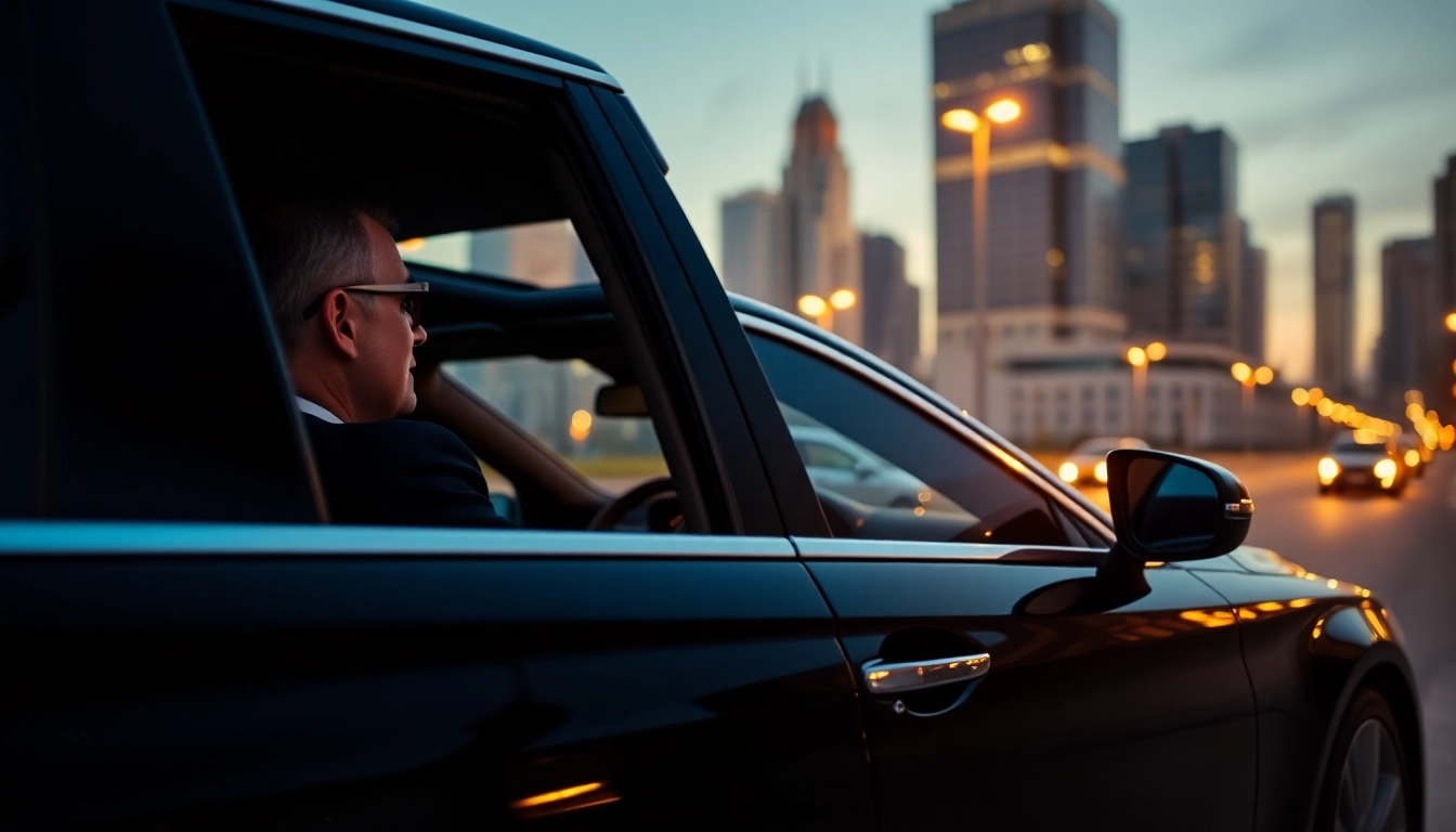 Experience Chauffeur Hire with a professional chauffeur in a luxurious sedan against a city skyline.