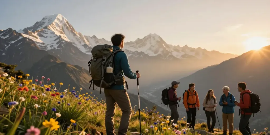 Trek to Manaslu Circuit during golden hour, traveler gazing at scenic mountain view with trekking poles and backpack.