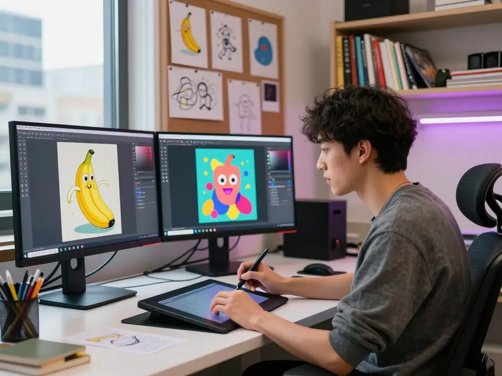 Creative professional using nano banana 2 for AI image editing in a vibrant digital art studio