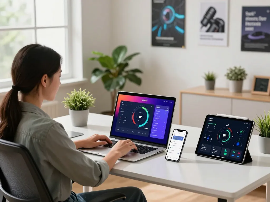 快连 user enjoying fast internet on multiple devices in a modern home office setting.