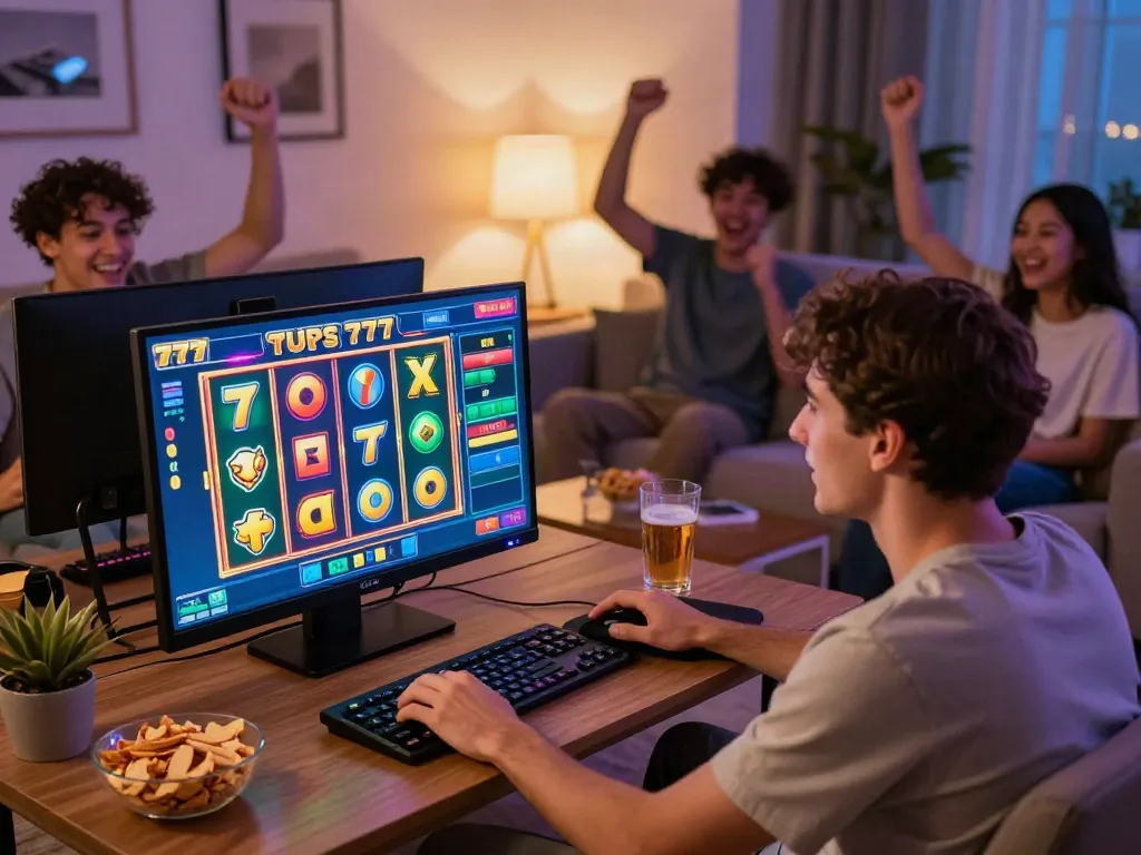 Pemain menikmati permainan slot777 di ruang tamu yang nyaman.