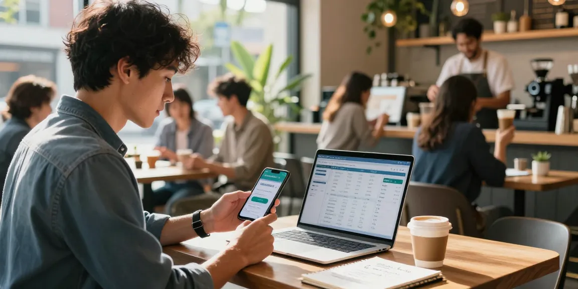Young professional managing 소액결제현금화 transaction in a trendy café