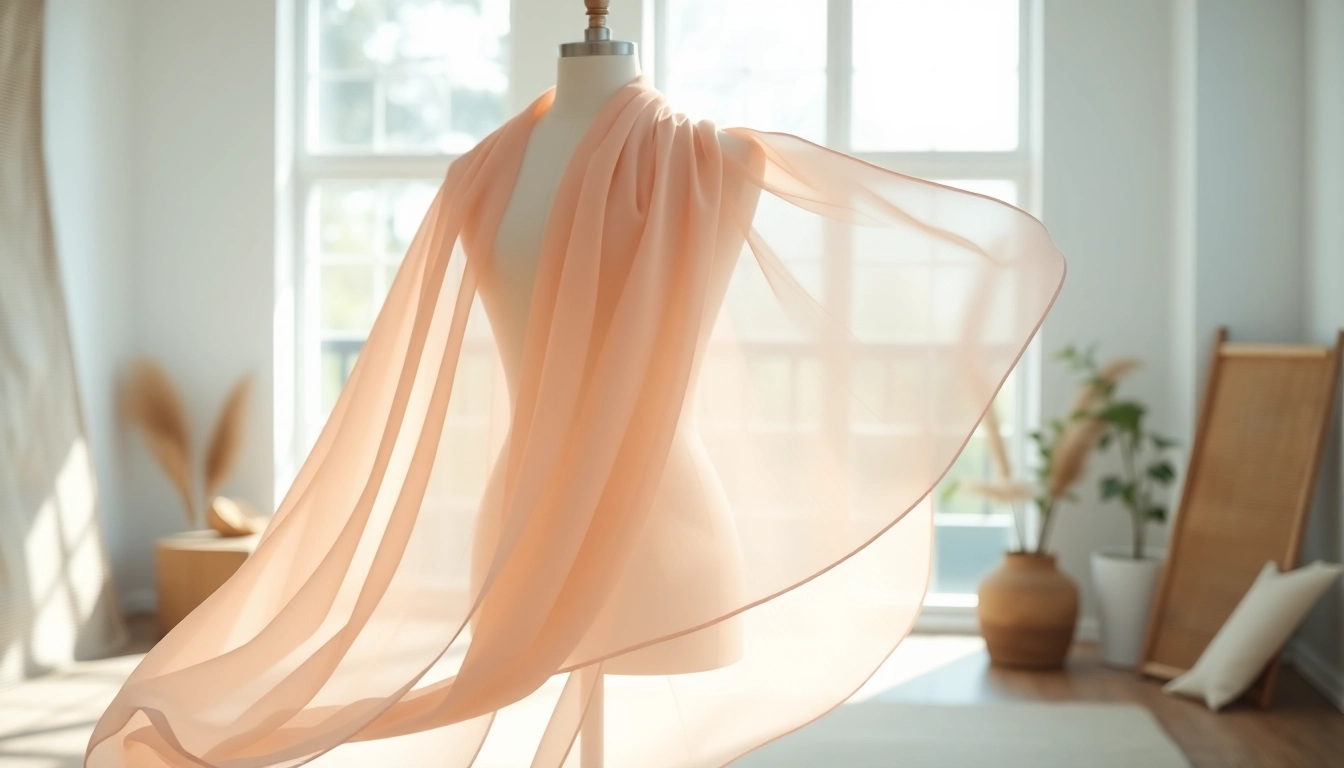 Chiffon stof mooi gepresenteerd op een mannequin in een lichte studio.