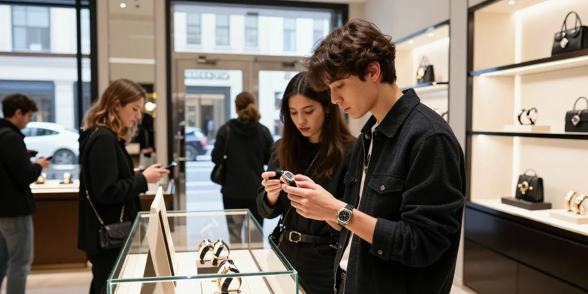 Young adult exploring 시계 레플리카 in a chic retail environment, surrounded by luxury accessories and modern displays.