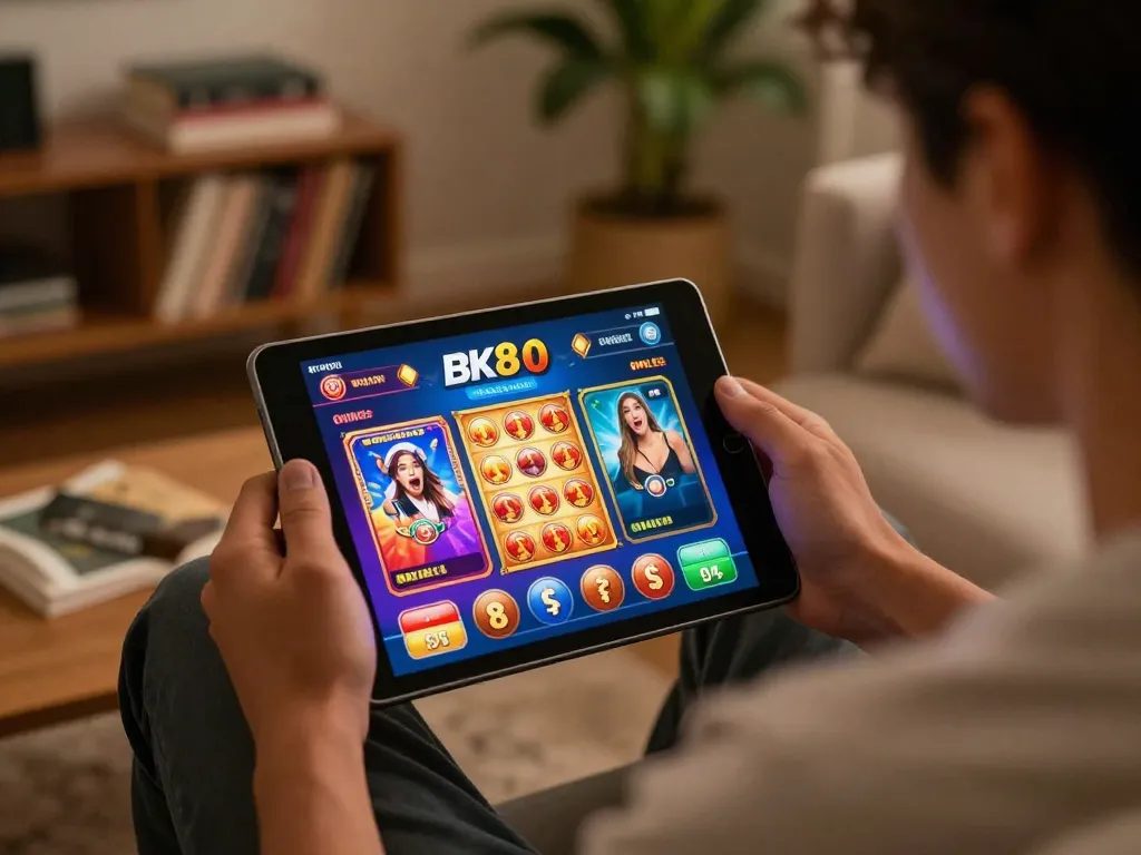 Engaging in online gaming on BK8's colorful app interface in a cozy home atmosphere