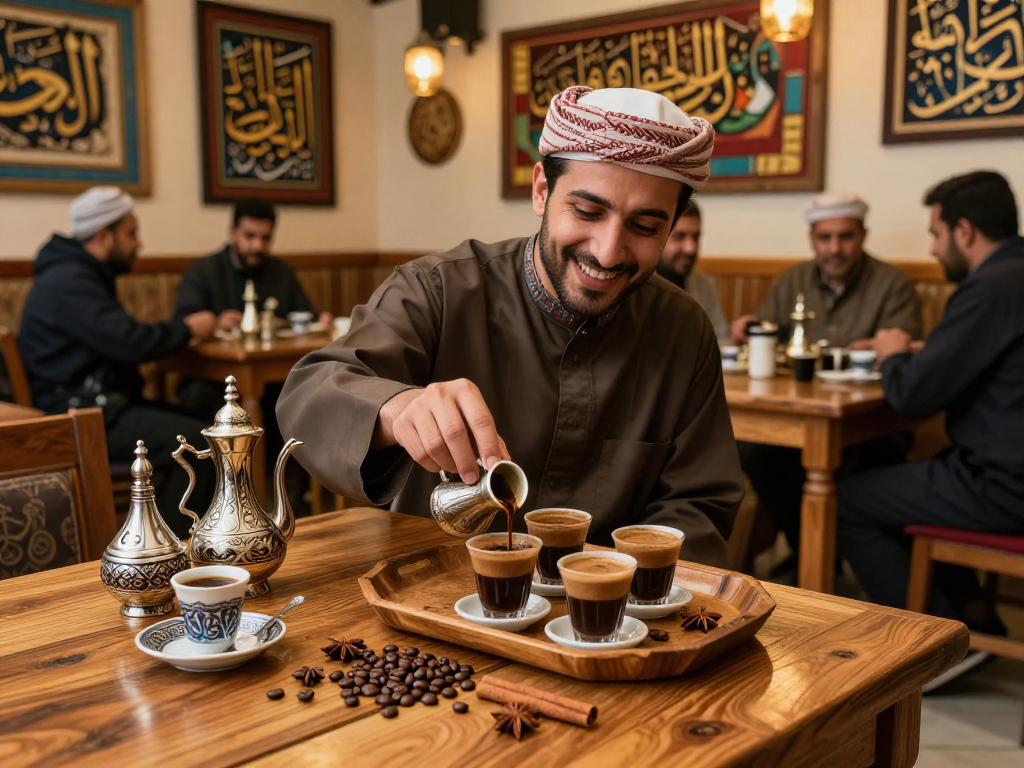 قهوجيين يقدمون القهوة العربية في مقهى تقليدي مع تفاصيل جذابة