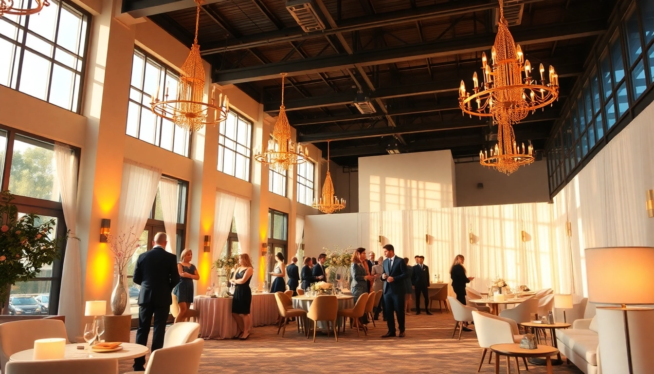 Veranschaulichen der event location, stilvoll dekoriert und mit Gästen in einem eleganten Raum.