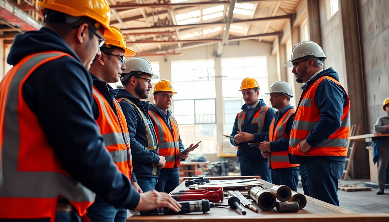Construction training programs showcase workers mastering skills at a sunny construction site.