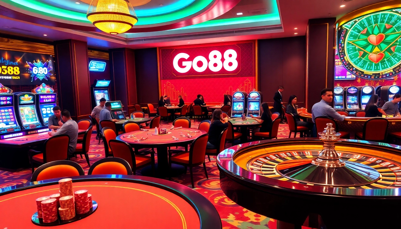 Excited players enjoying games at the Go88 casino tables in a vibrant atmosphere.