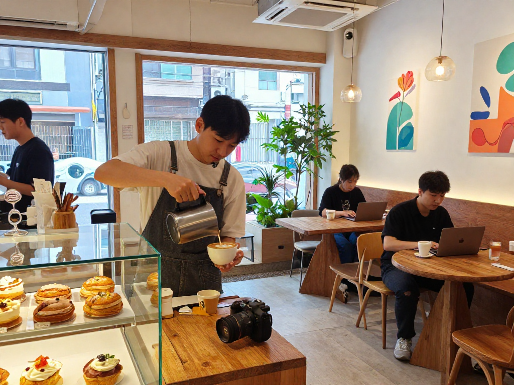 강남 달토 카페에서 바리스타가 정성스럽게 라떼 아트를 만드는 모습