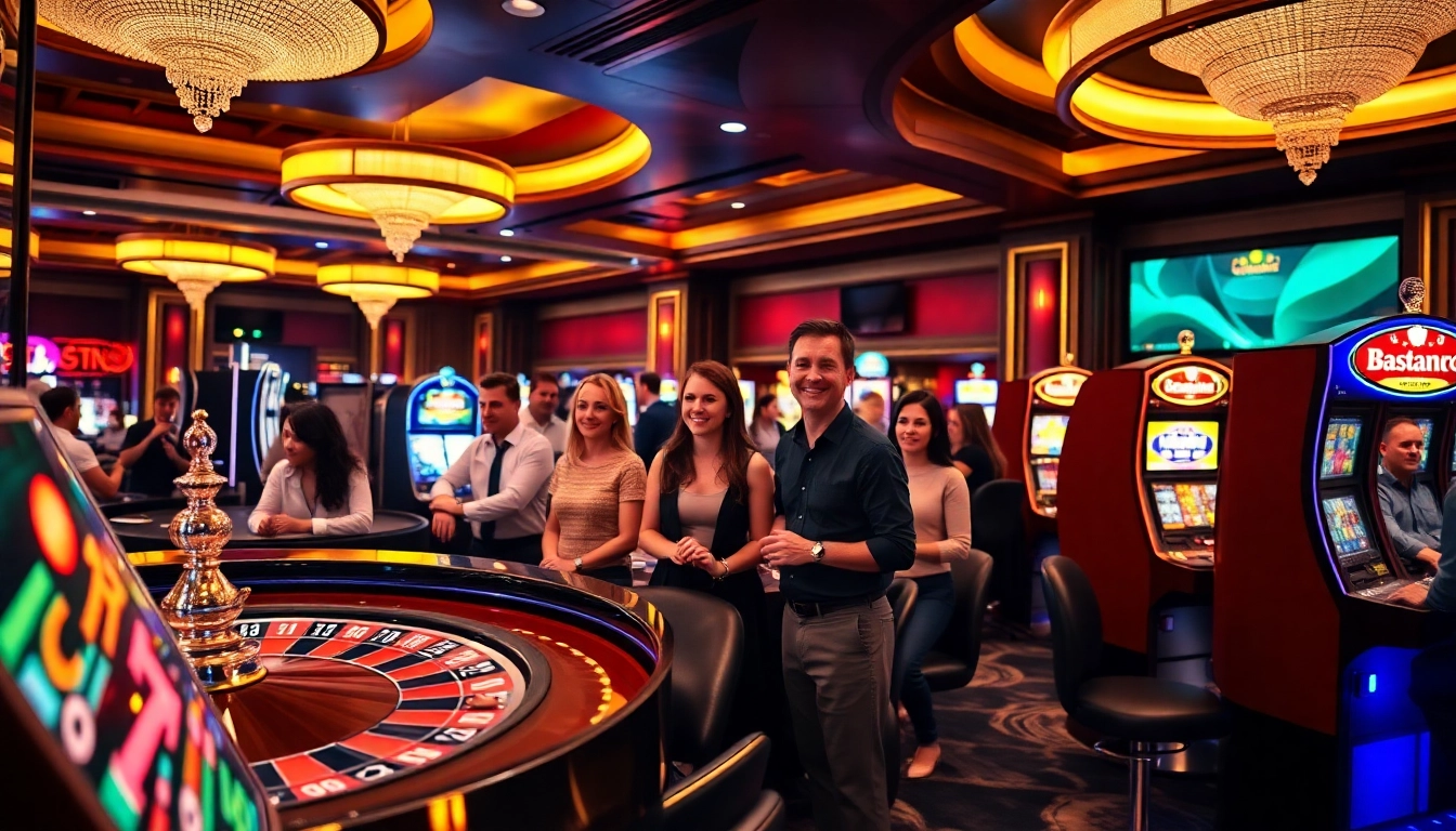 A vibrant atmosphere of a Non gamstop Casino Uk with players enjoying games and lively interactions.