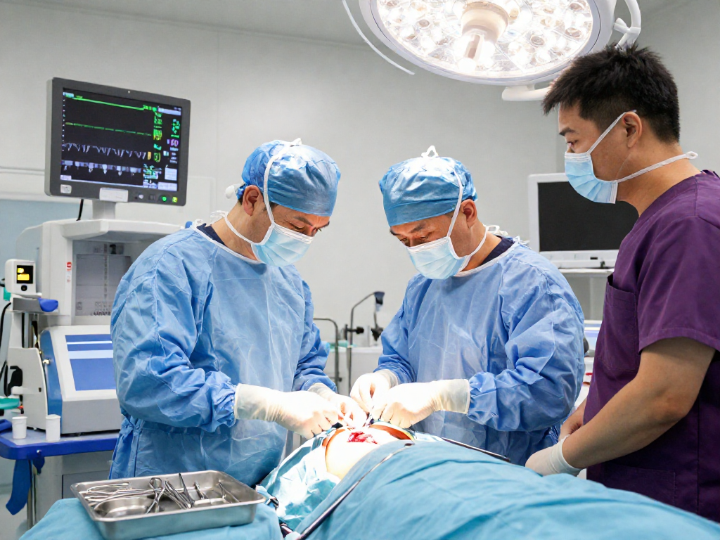 Surgeon performing bel fıtığı ameliyatı in a high-tech operating room